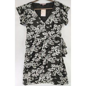 Young Essence Dress Womens Large Green Floral V Neck Ruffled Stretchy Mini